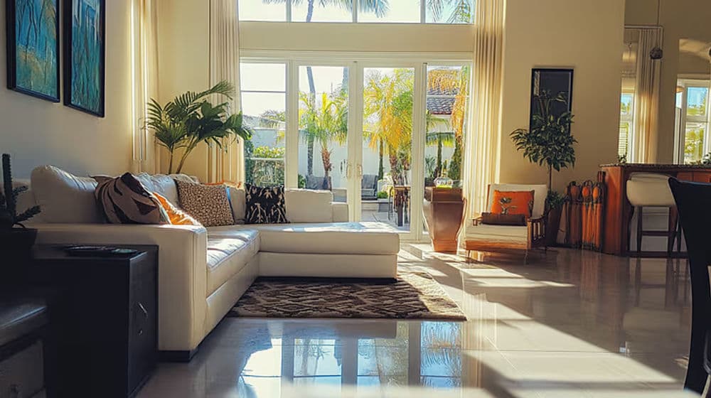Bright living room with white sofa, large windows, and tropical plants, showcasing modern decor.